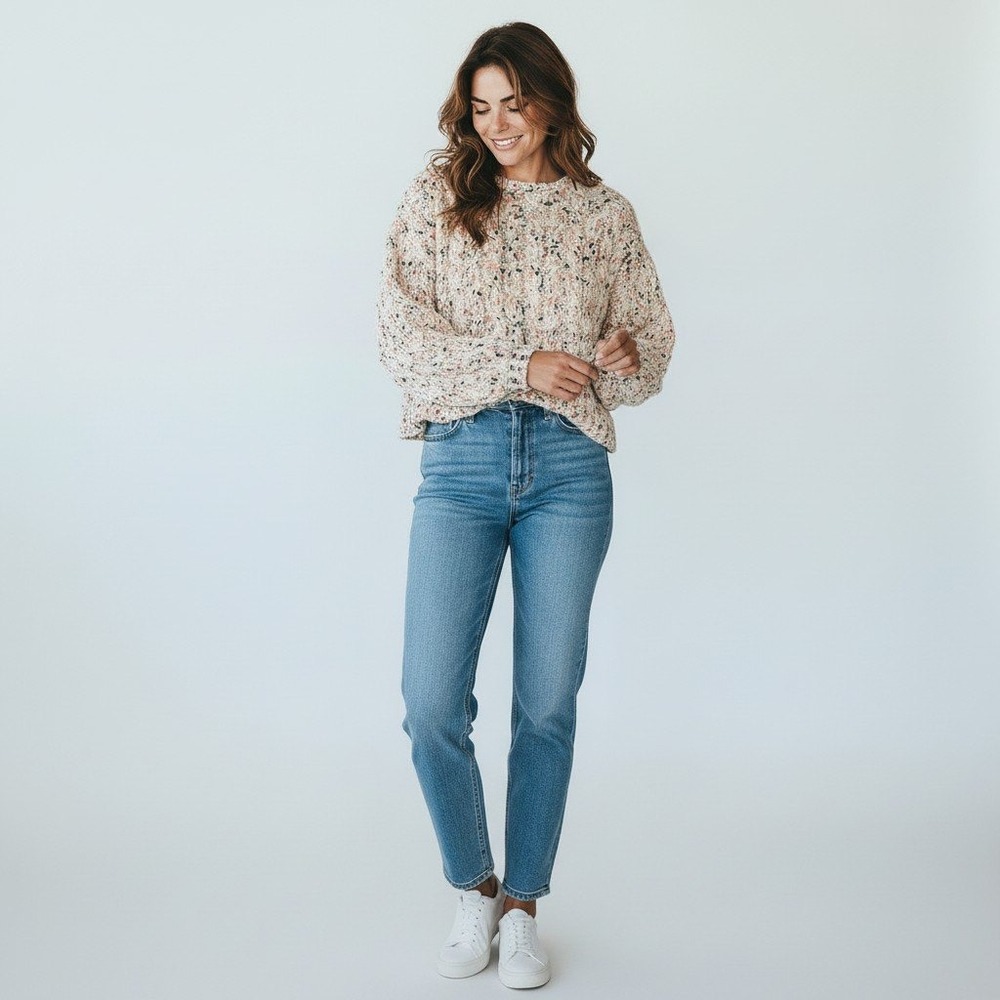 Jessica Simpson Cable Knit Sweater Medium Cream Multi Confetti Chunky Crew Neck
